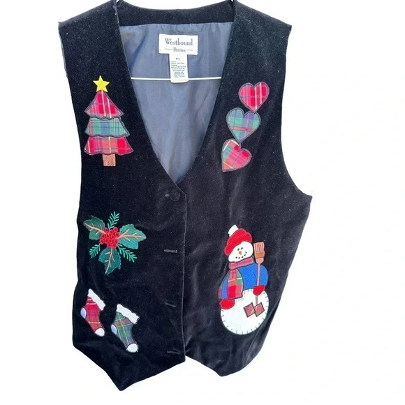 Westbound Petites Jackets & Blazers - Westbound Petites Women's Black Christmas Cute Snowman Vest Size Petite Small